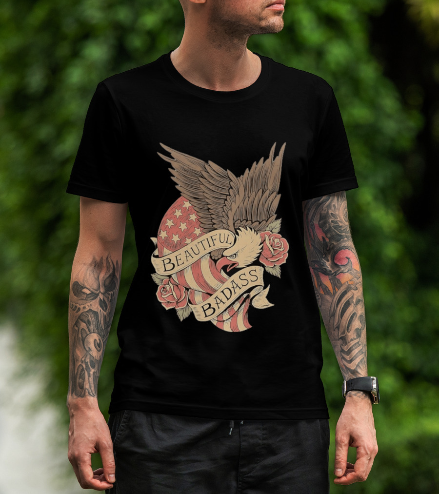 Beautiful Badass Eagle With American Flag And Roses T-Shirt