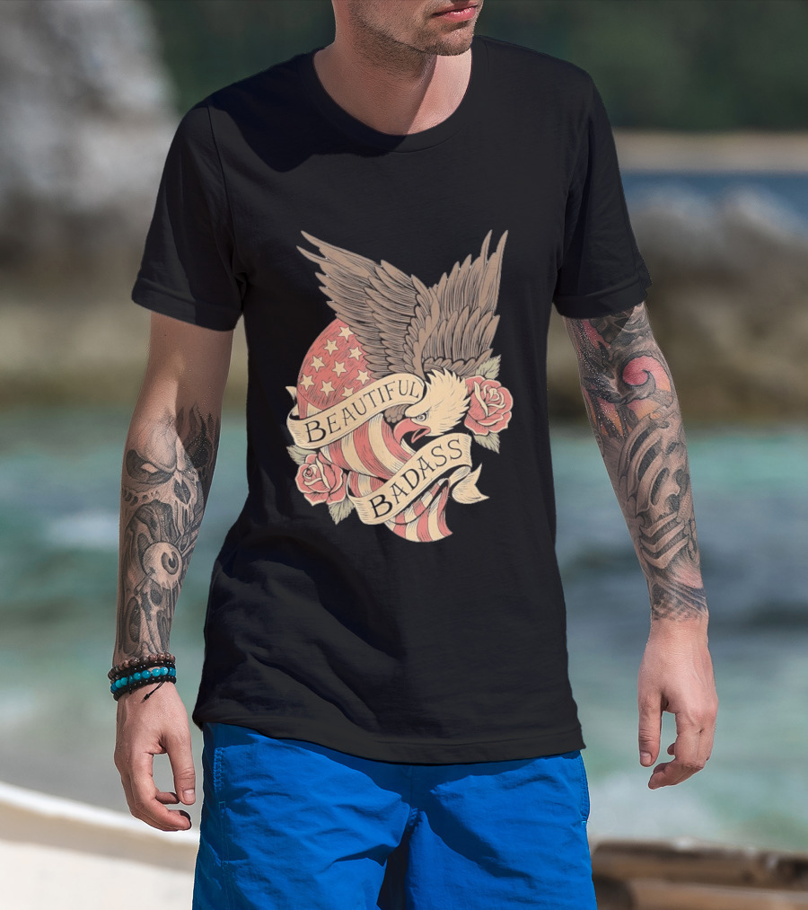 Beautiful Badass Eagle With American Flag And Roses T-Shirt
