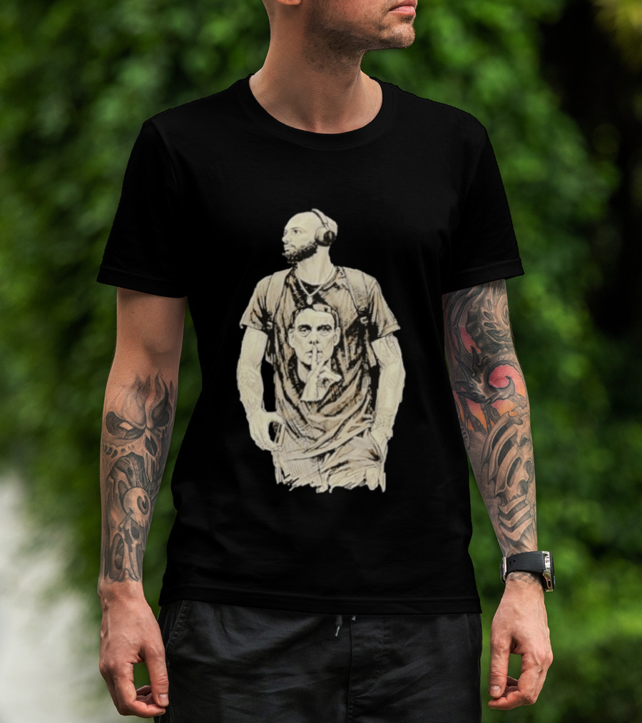 Bearded Man With Headphones And Quiet Gesture T-Shirt