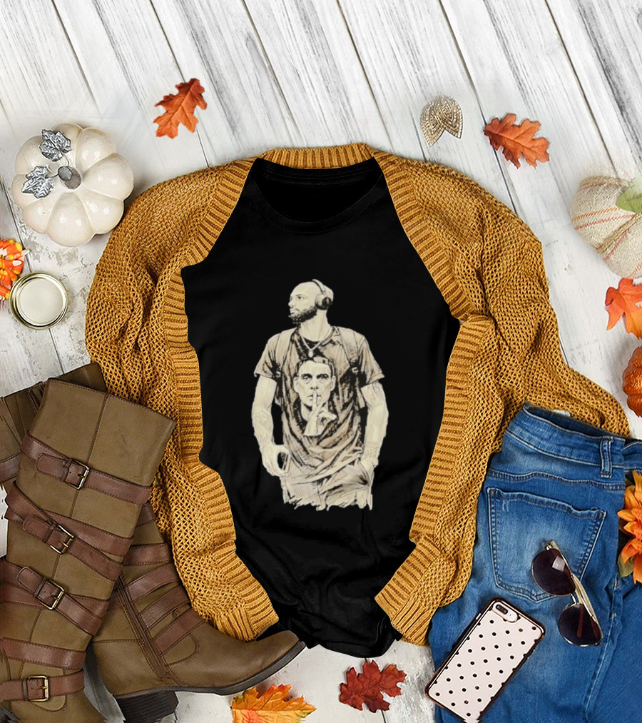 Bearded Man with Headphones and Quiet Gesture T-Shirt
