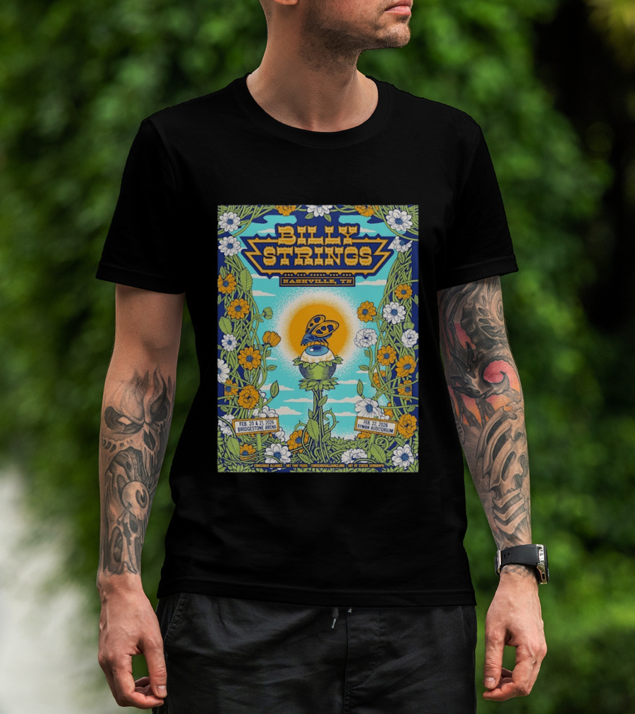 Billy Strings Nashville TN Bridgestone Arena Ryman Auditorium February 2026 Butterfly Flowers T-Shirt