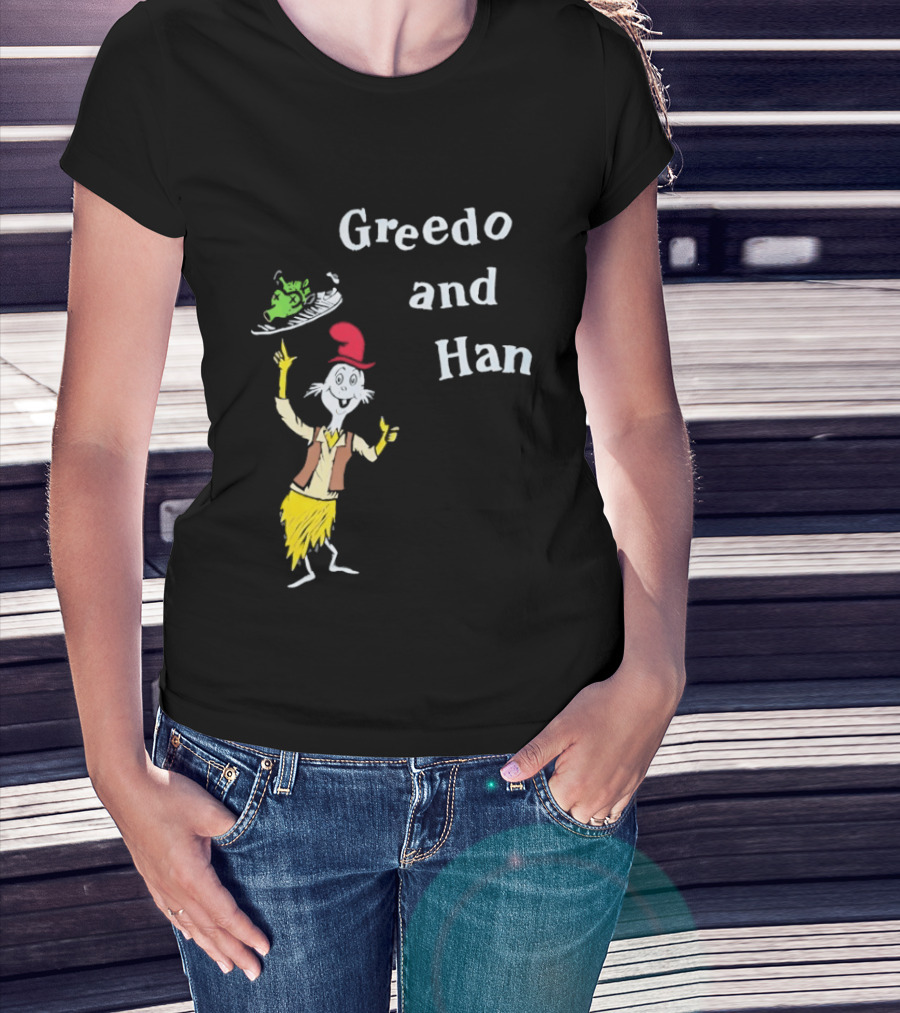 Greedo And Han Whimsical Cartoon Character Balancing Act T-Shirt