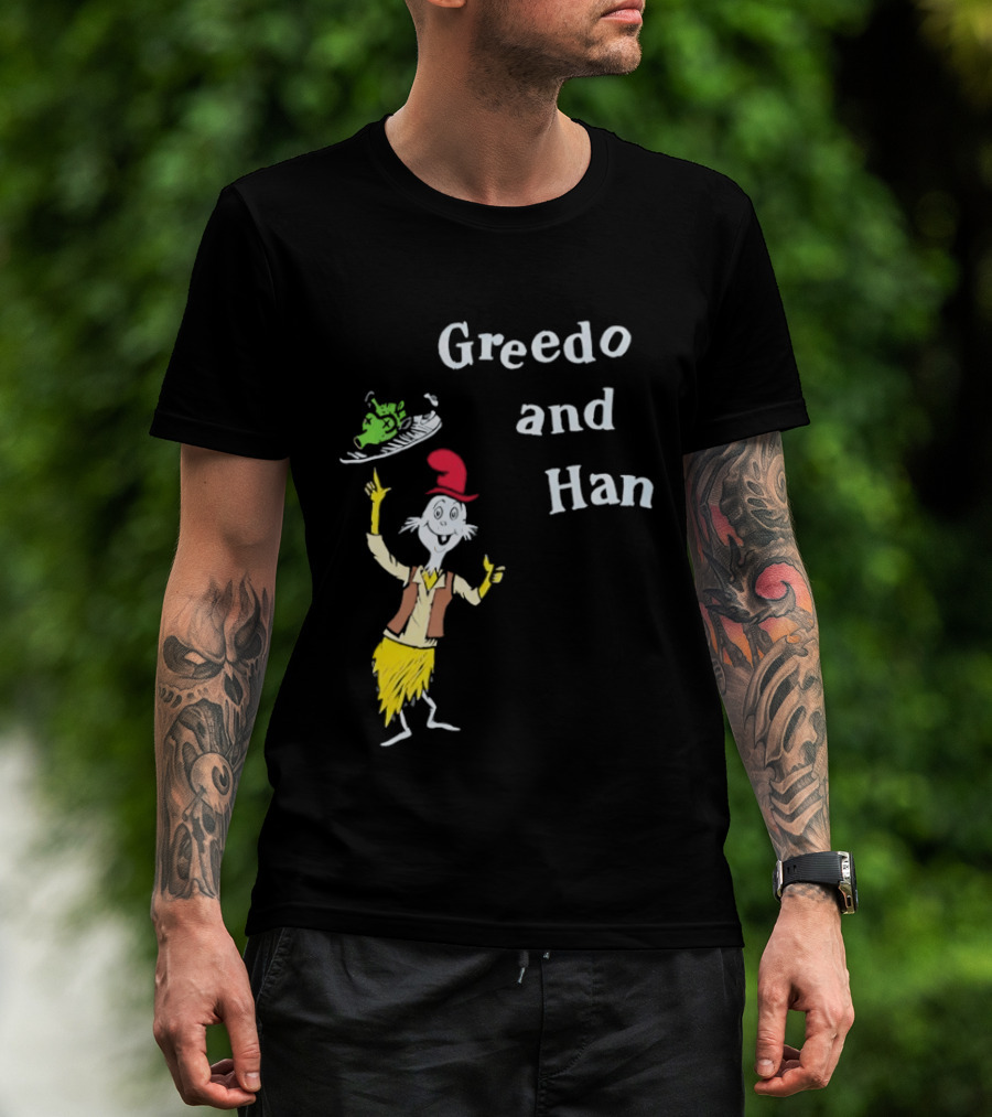Greedo And Han Whimsical Cartoon Character Balancing Act T-Shirt