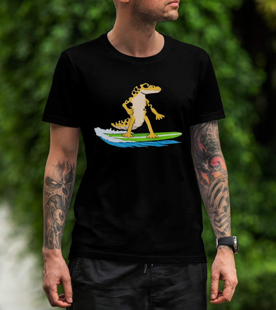 Leopard Gecko Yellow Lizard Riding Surfboard T-Shirt