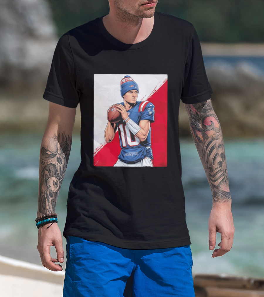 New England Patriots Number 10 Quarterback Throwing Football Beanie T-Shirt