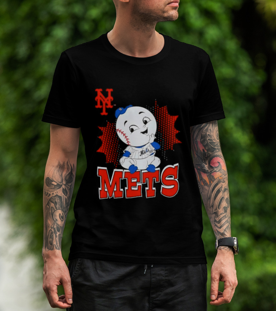 NY Mets Mr. Met Cartoon Character With Baseball And Team T-Shirt