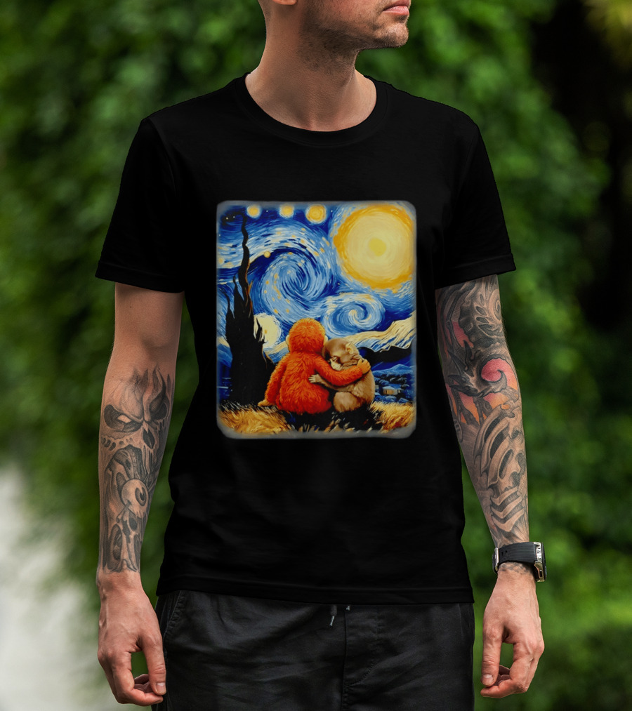 Punch Kun Panchi Kun Van Gogh Monkey Punch Starry Night Hugging Scene T-Shirt