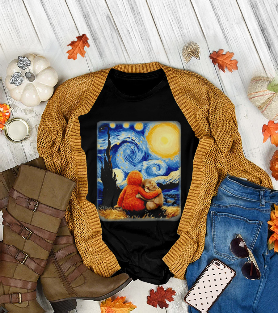 Punch Kun Panchi Kun Van Gogh Monkey Punch Starry Night Hugging Scene T-Shirt
