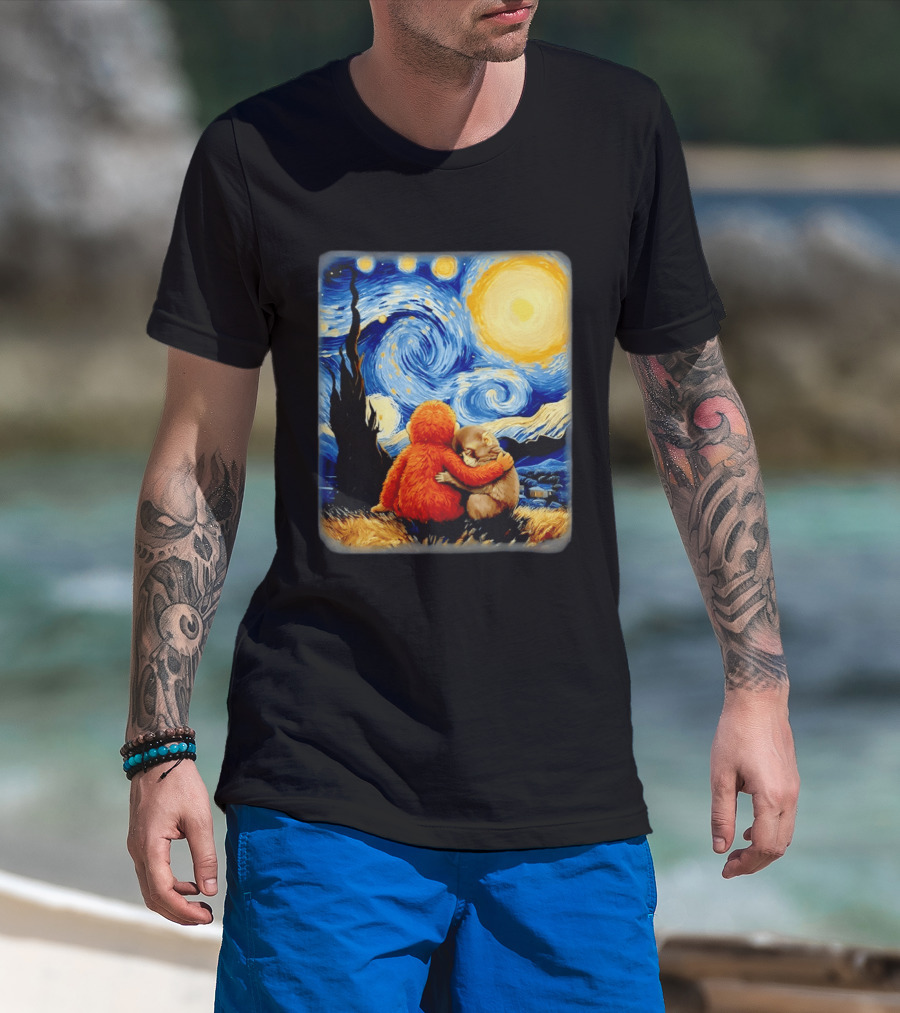Punch Kun Panchi Kun Van Gogh Monkey Punch Starry Night Hugging Scene T-Shirt