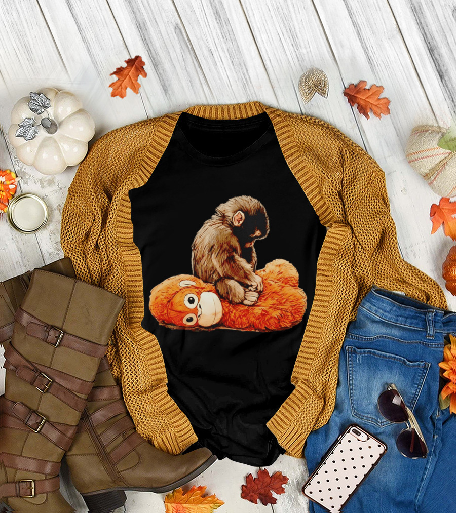 Punch Monkey Sitting on Plush Monkey T-Shirt