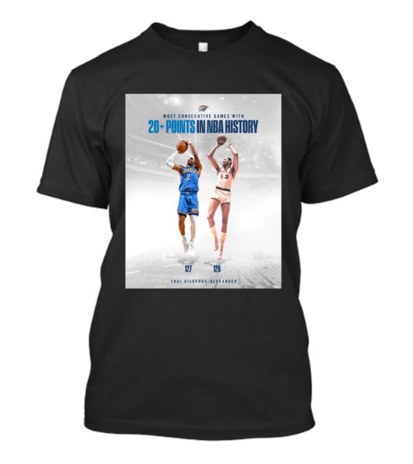 Shai Gilgeous Alexander OKC Thunder Most Consecutive Games With 20+ Points In NBA History 127 T-Shirt