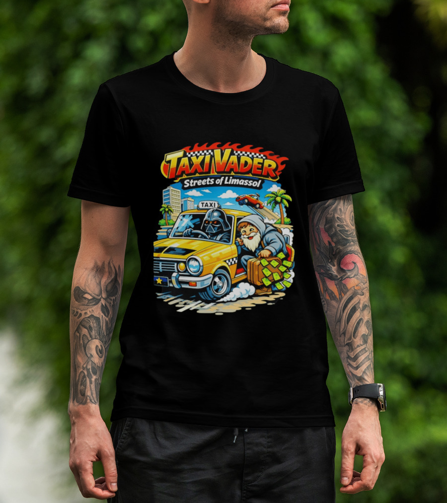 Taxi Vader Streets Of Limassol Adventure With Iconic Characters And Yellow Cab In Cityscape T-Shirt