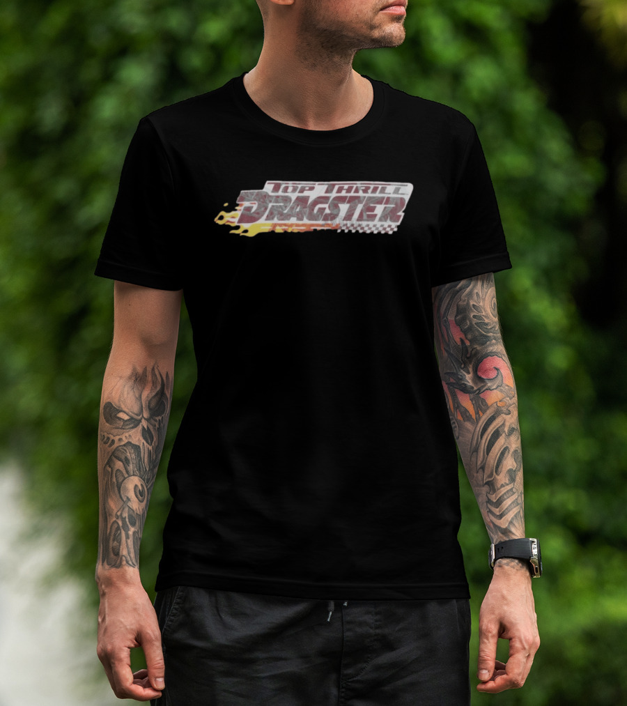 Top Thrill Dragster Flames And Racing Checkered Accents T-Shirt