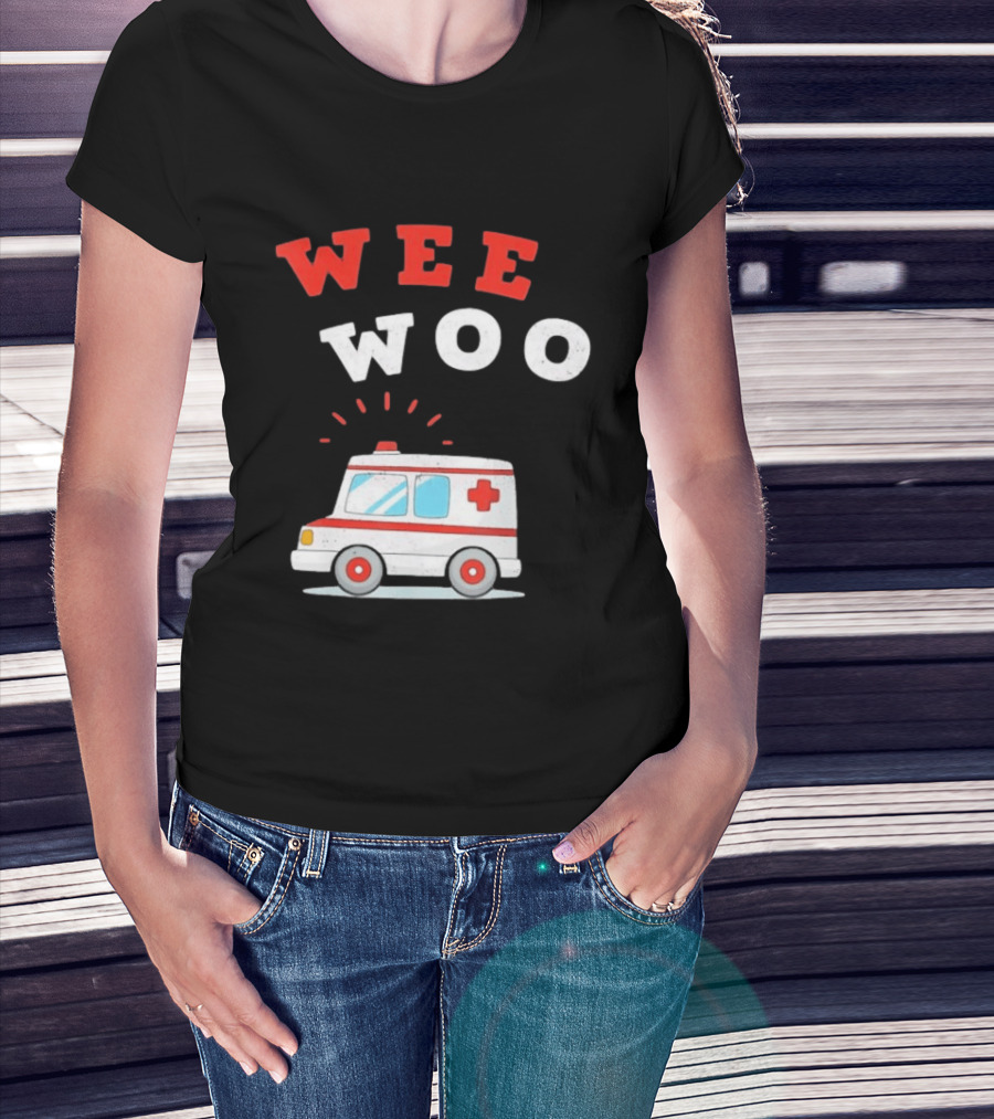 Wee Woo Cartoon Ambulance Emergency Vehicle Rescue Red And White T-Shirt