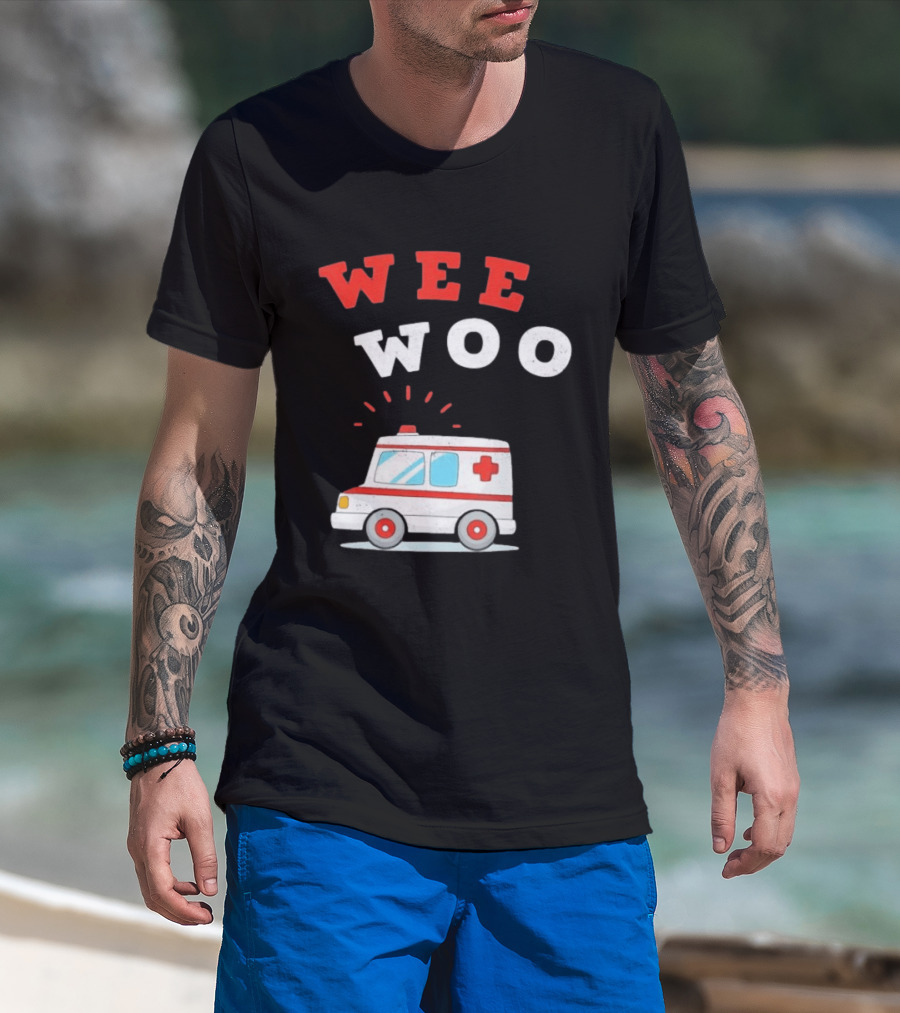 Wee Woo Cartoon Ambulance Emergency Vehicle Rescue Red And White T-Shirt