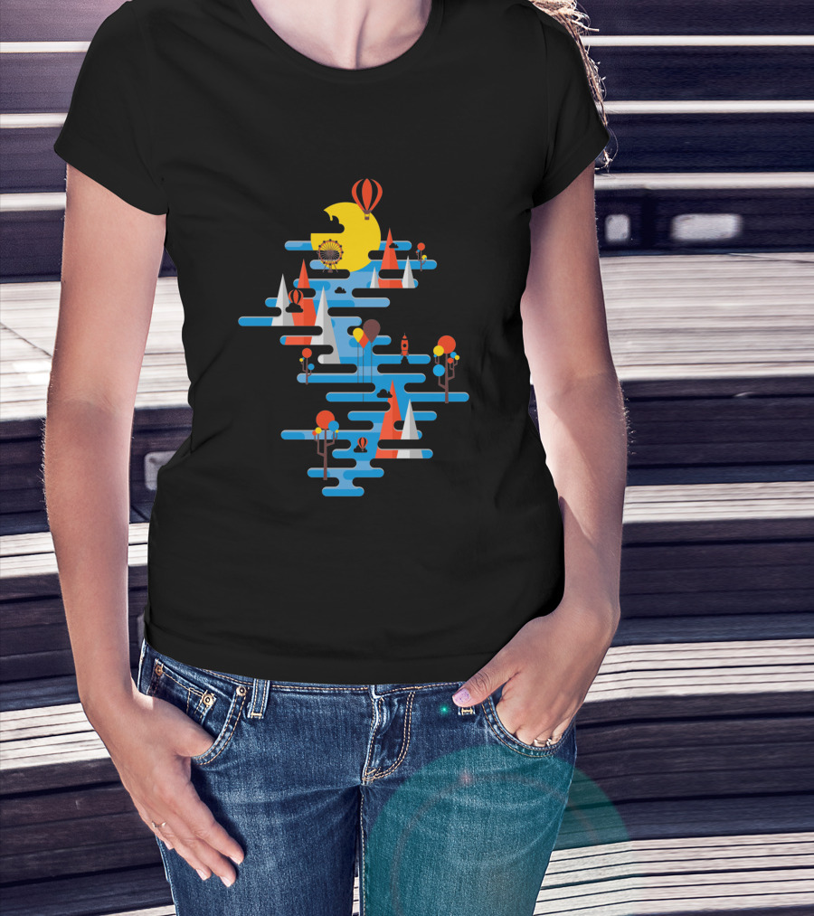 A Beautiful Day Hot Air Balloons Sailing Sun And Geometric Landscape T-Shirt