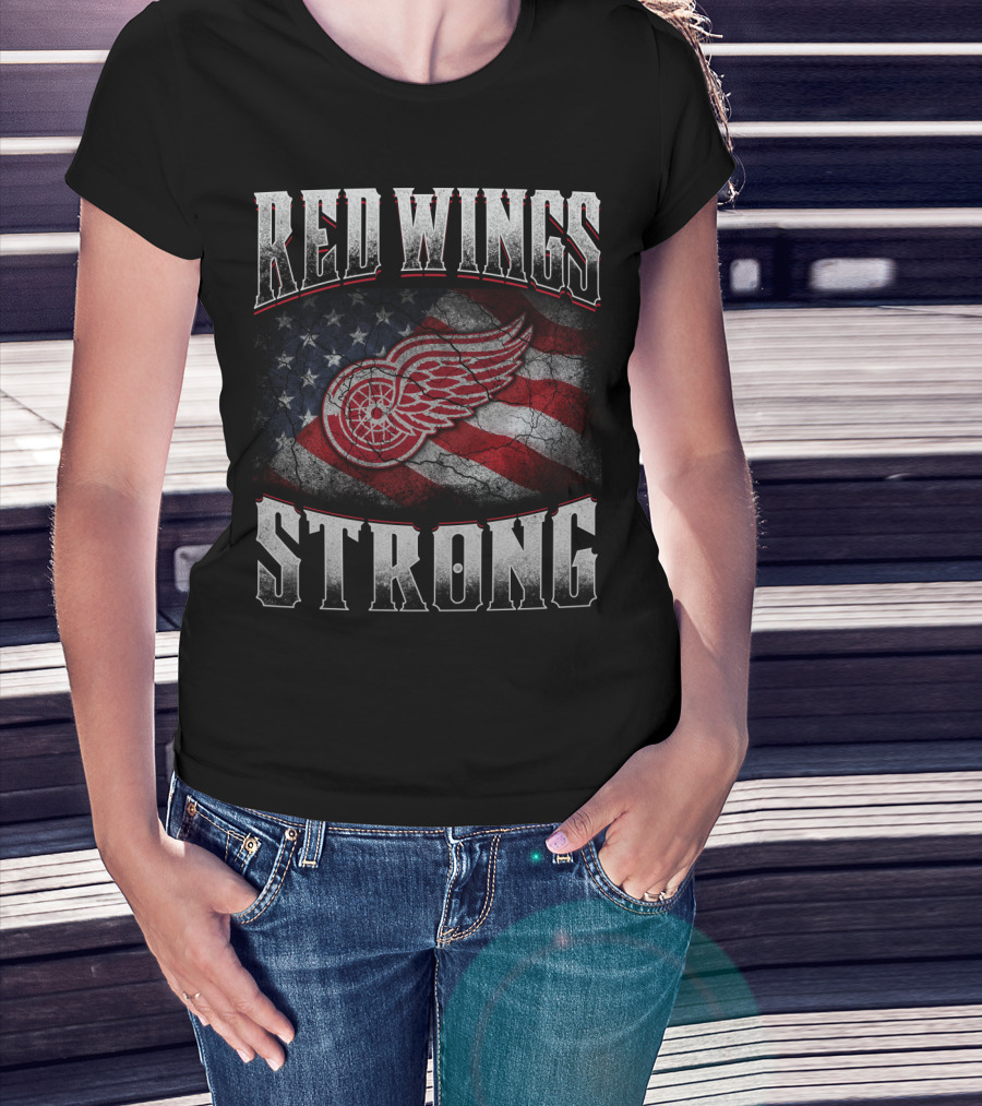 Red Wings Strong American Flag Winged Wheel T-Shirt