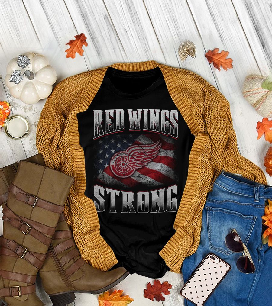 Red Wings Strong American Flag Winged Wheel T-Shirt