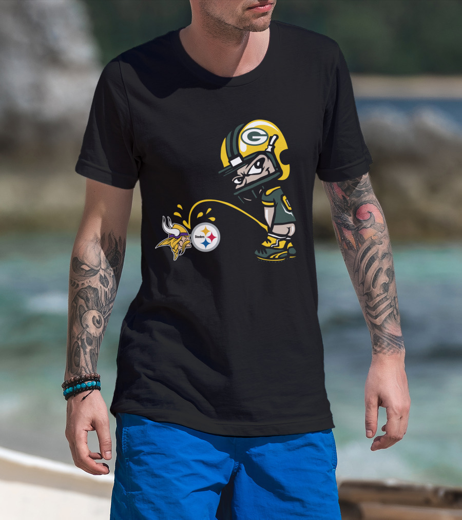 Green Bay Packers Player Taunting Vikings And Steelers Logos T-Shirt
