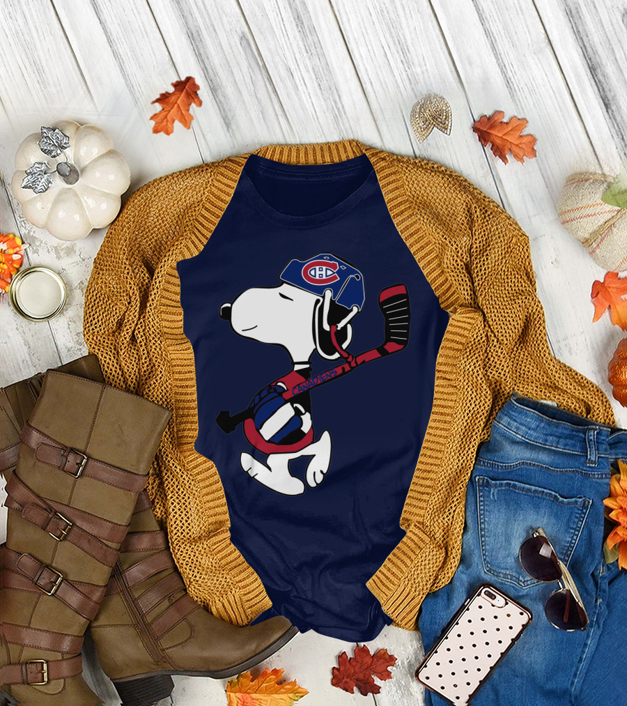 Snoopy Montreal Canadiens Hockey Helmet And Stick T-Shirt
