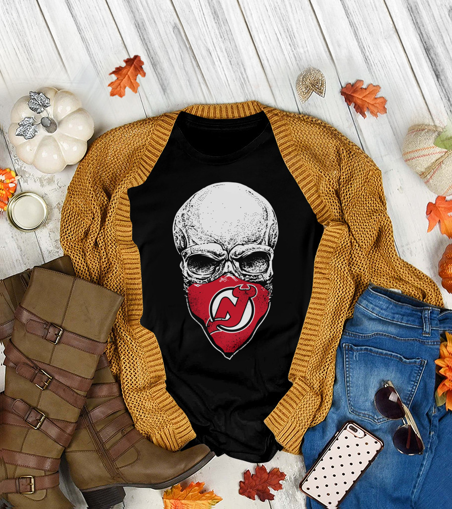 Skull With New Jersey Devils Logo As Face Mask T-Shirt