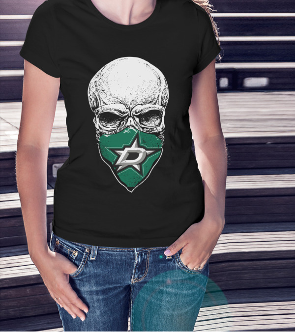 Dallas Stars Skull Mask With Team Logo On Black T-Shirt