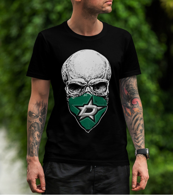 Dallas Stars Skull Mask With Team Logo On Black T-Shirt