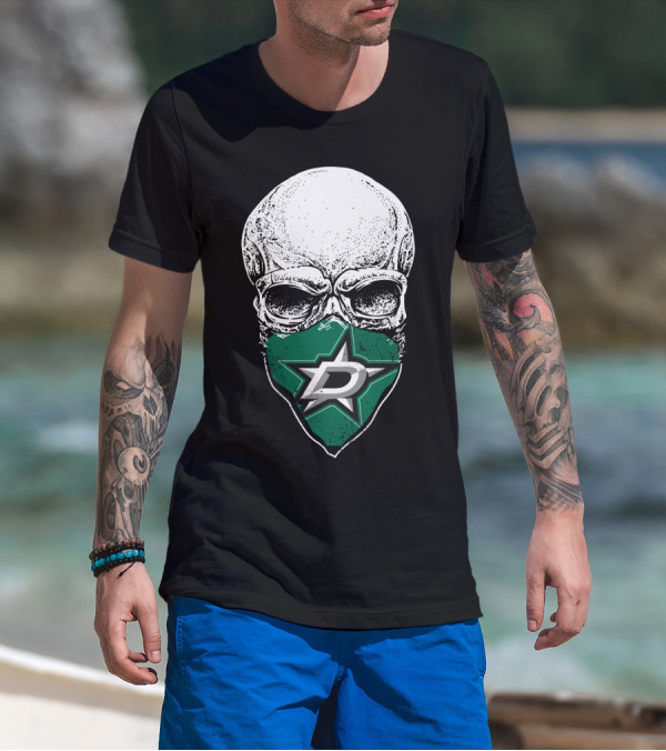 Dallas Stars Skull Mask With Team Logo On Black T-Shirt