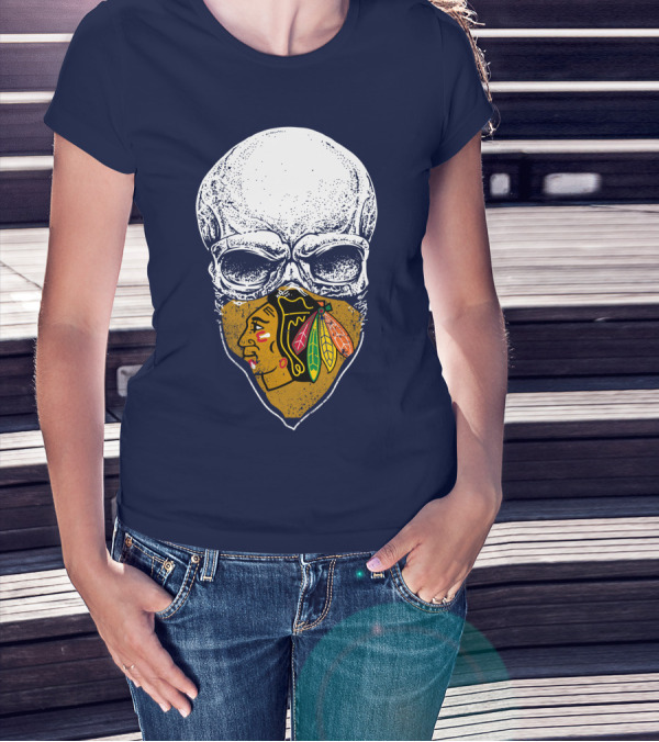 Skull With Native American Mask Blackhawks Logo Inspired T-Shirt