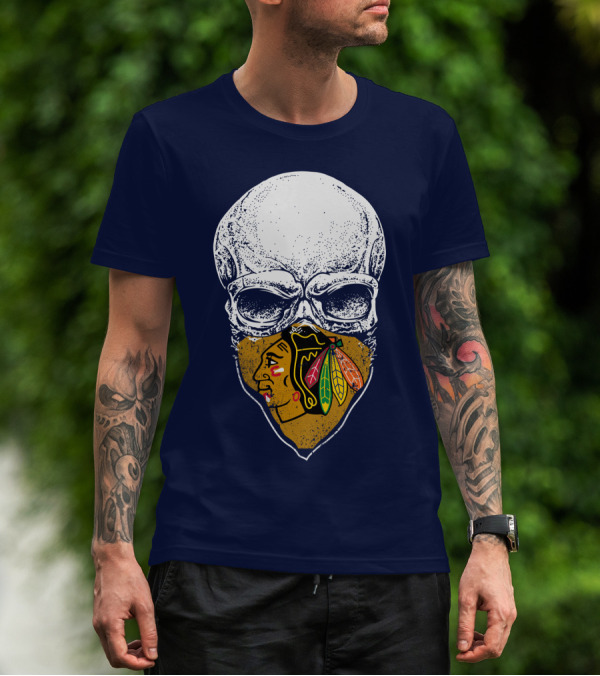 Skull With Native American Mask Blackhawks Logo Inspired T-Shirt