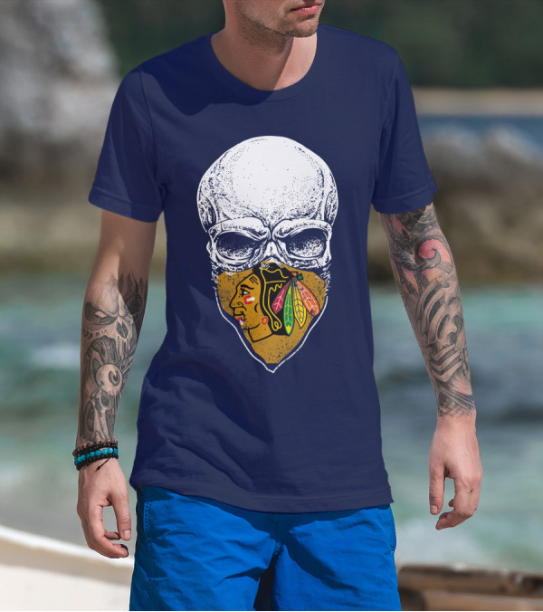 Skull With Native American Mask Blackhawks Logo Inspired T-Shirt
