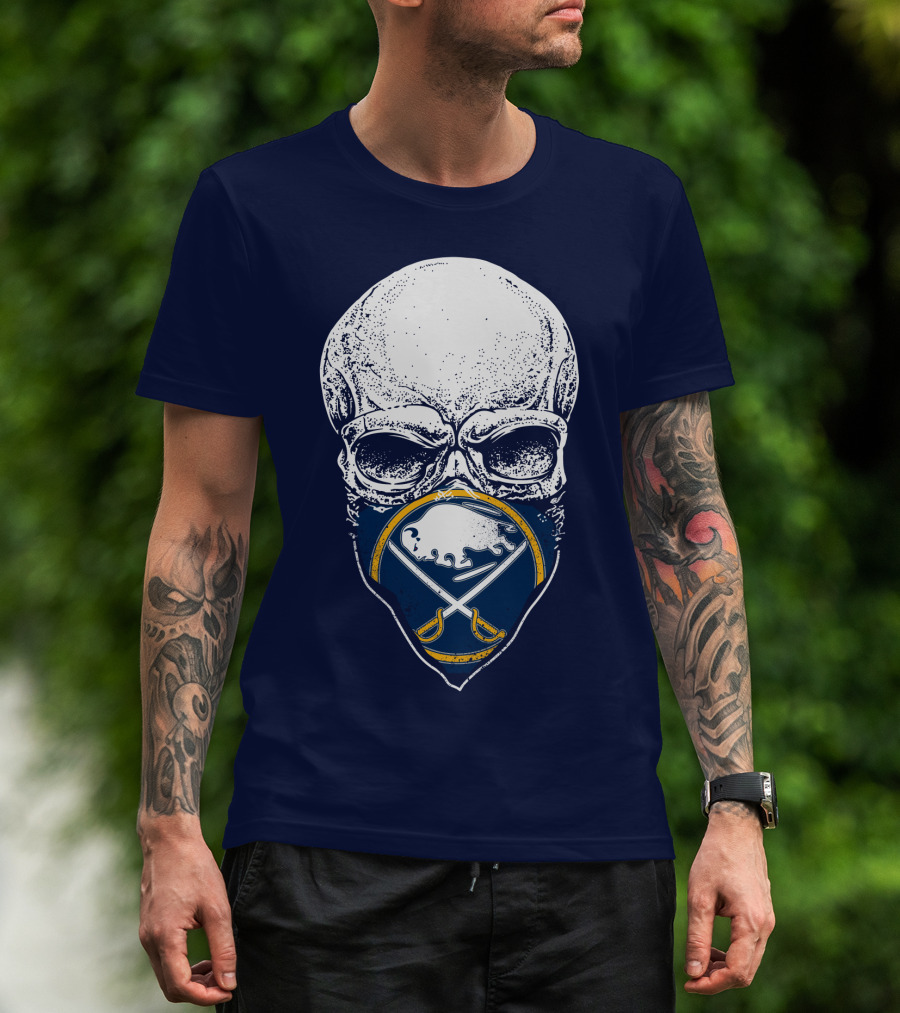 Buffalo Sabres Skull Mask Emblem With Crossed Sabres And Buffalo Silhouette T-Shirt