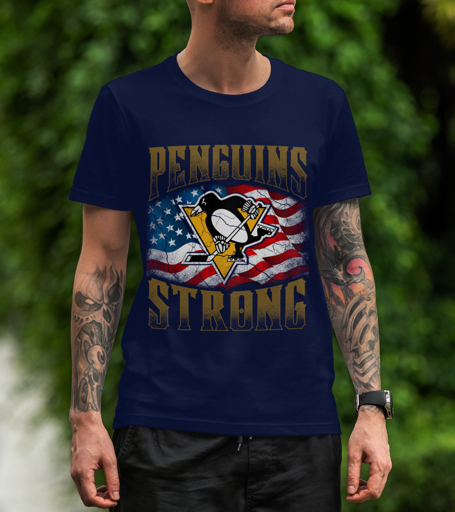 Penguins Strong American Flag Hockey T-Shirt