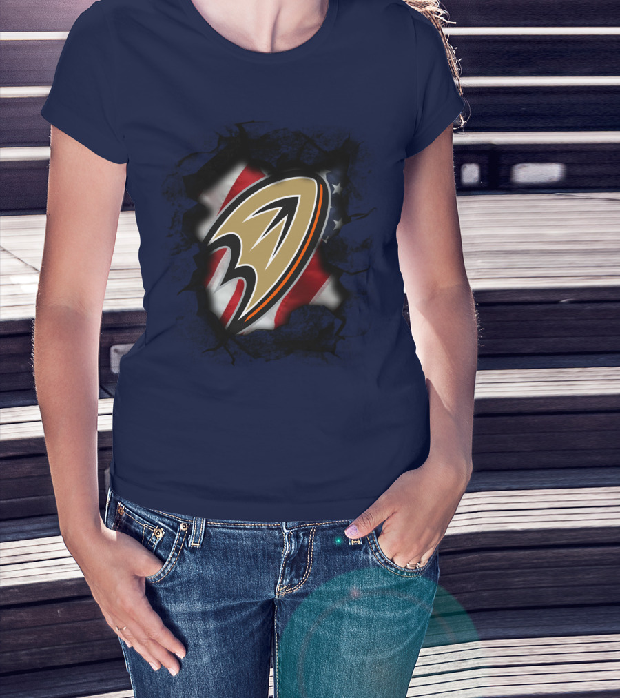 Anaheim Ducks Logo With American Flag Backdrop T-Shirt
