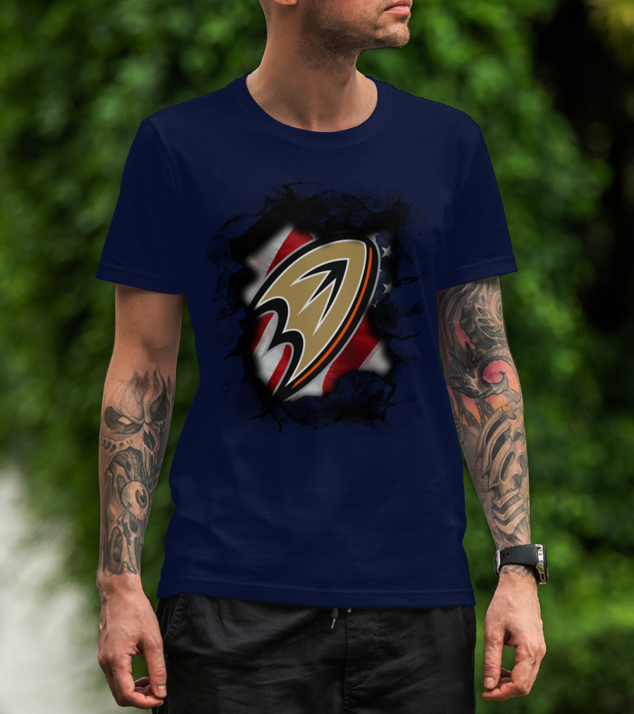 Anaheim Ducks Logo With American Flag Backdrop T-Shirt
