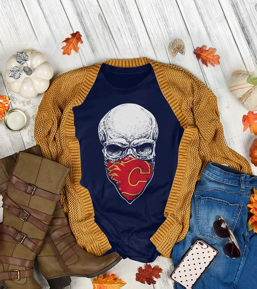 Skull With Calgary Flames Logo Facemask T-Shirt