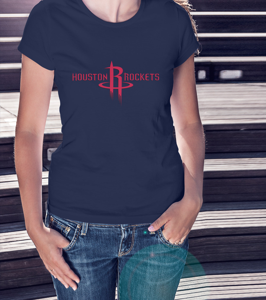 Houston Rockets Nba Red Logo On Dark Blue T-Shirt