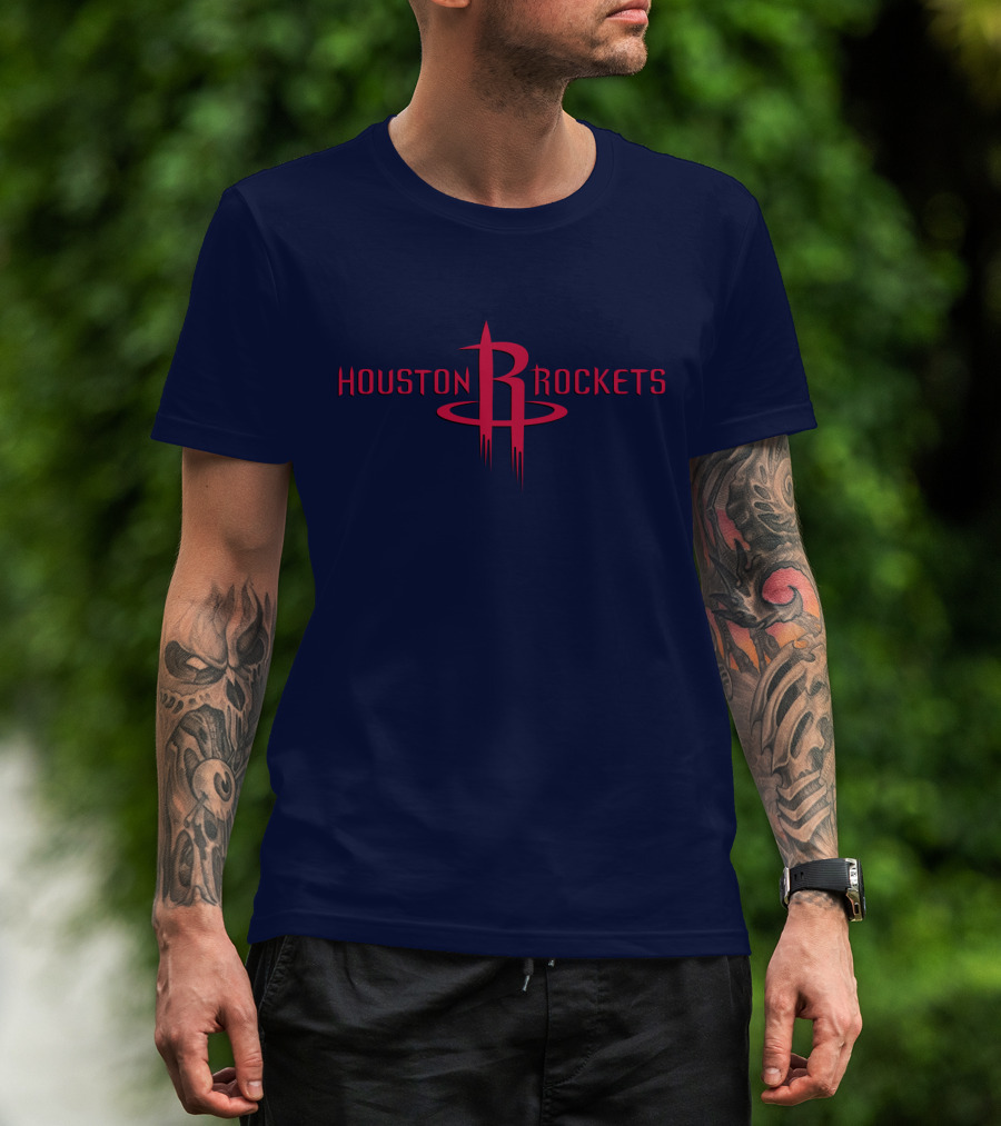 Houston Rockets Nba Red Logo On Dark Blue T-Shirt