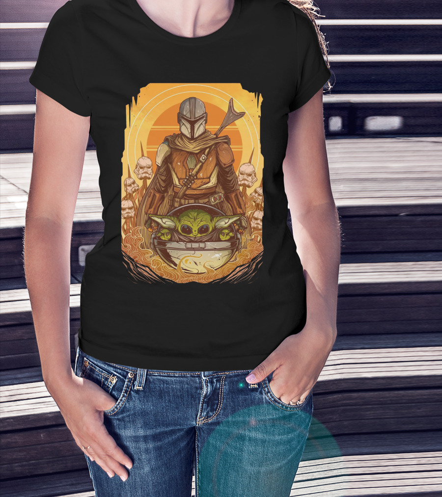Mandalorian And Baby Yoda With Stormtroopers And Orange Sunset Scene T-Shirt