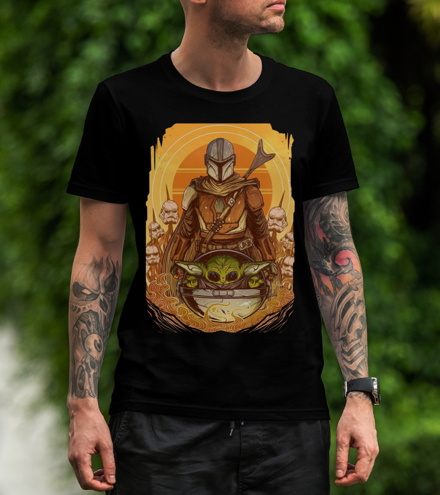 Mandalorian And Baby Yoda With Stormtroopers And Orange Sunset Scene T-Shirt