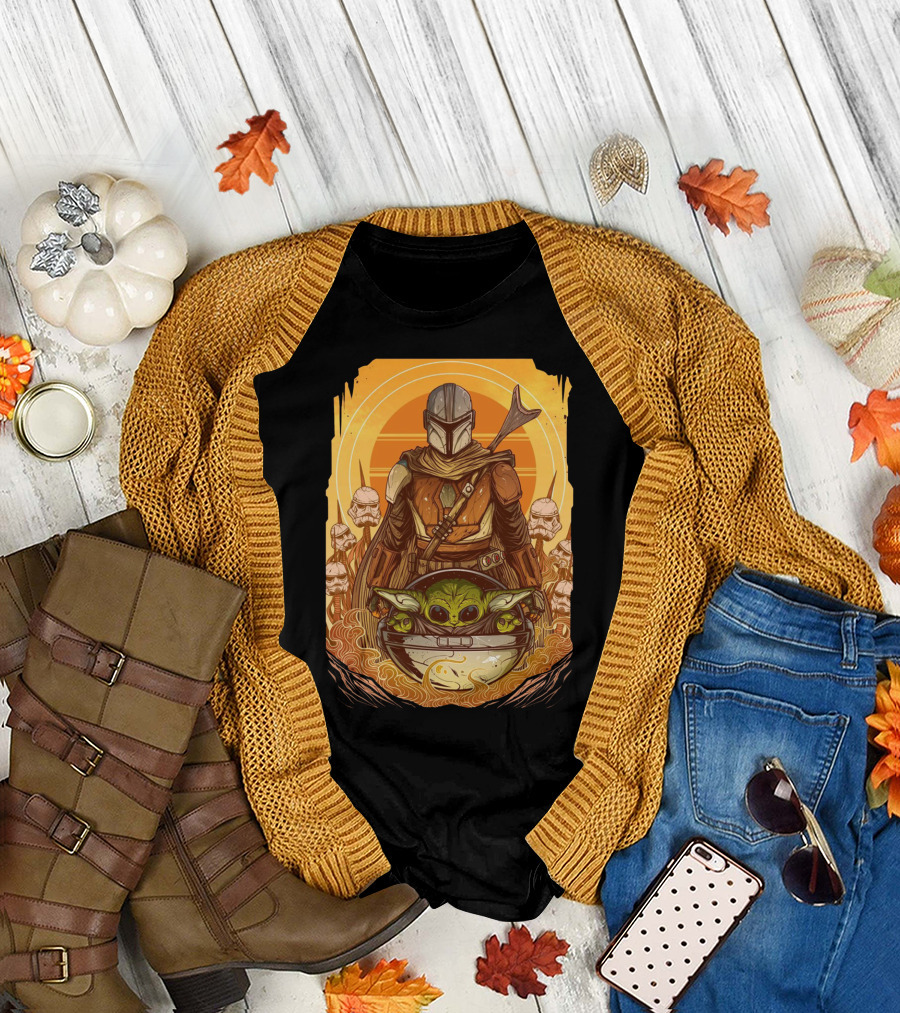 Mandalorian And Baby Yoda With Stormtroopers And Orange Sunset Scene T-Shirt