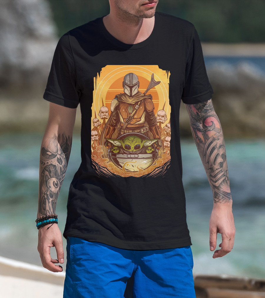Mandalorian And Baby Yoda With Stormtroopers And Orange Sunset Scene T-Shirt