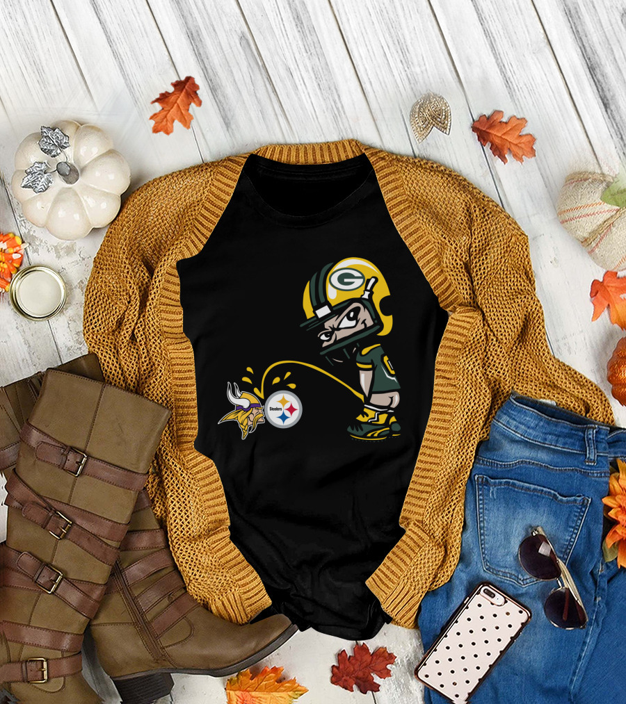 Green Bay Packers Rivalry Humor With Vikings And Steelers Logos T-Shirt