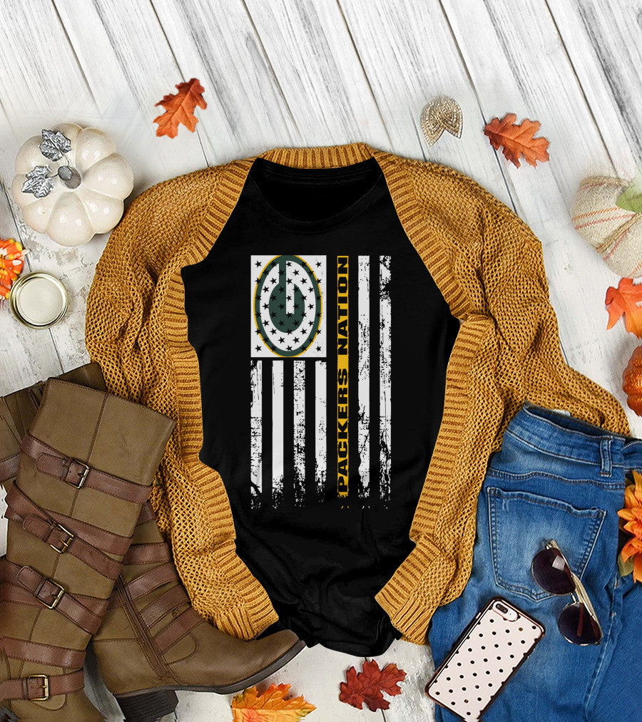 Green Bay Packers Nation Flag Distressed Style T-Shirt