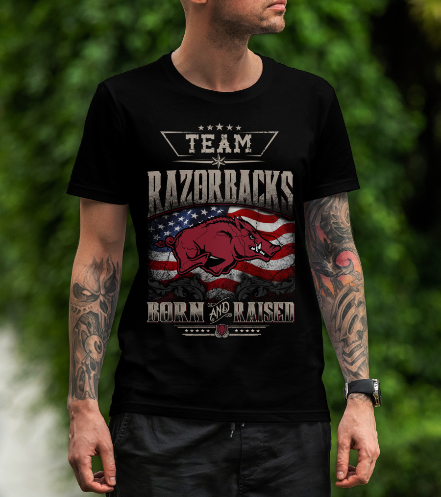 Team Razorbacks Born And Raised American Flag T-Shirt