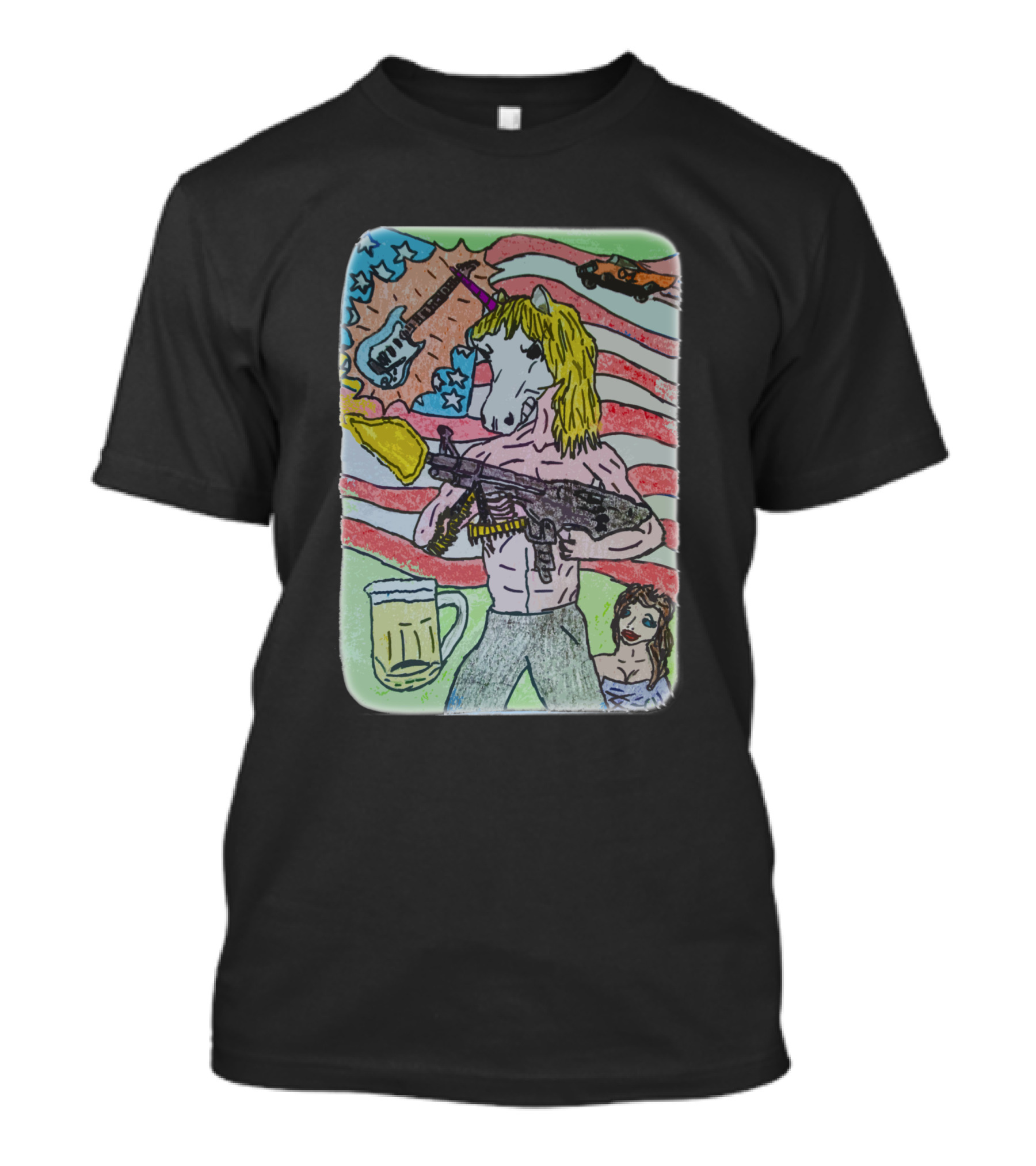 Unicorn Rocker With Guitar And Beer In Hand Against Stars And Stripes With Car T-Shirt