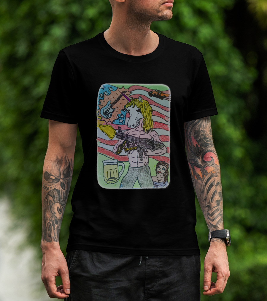 Unicorn Rocker With Guitar And Beer In Hand Against Stars And Stripes With Car T-Shirt