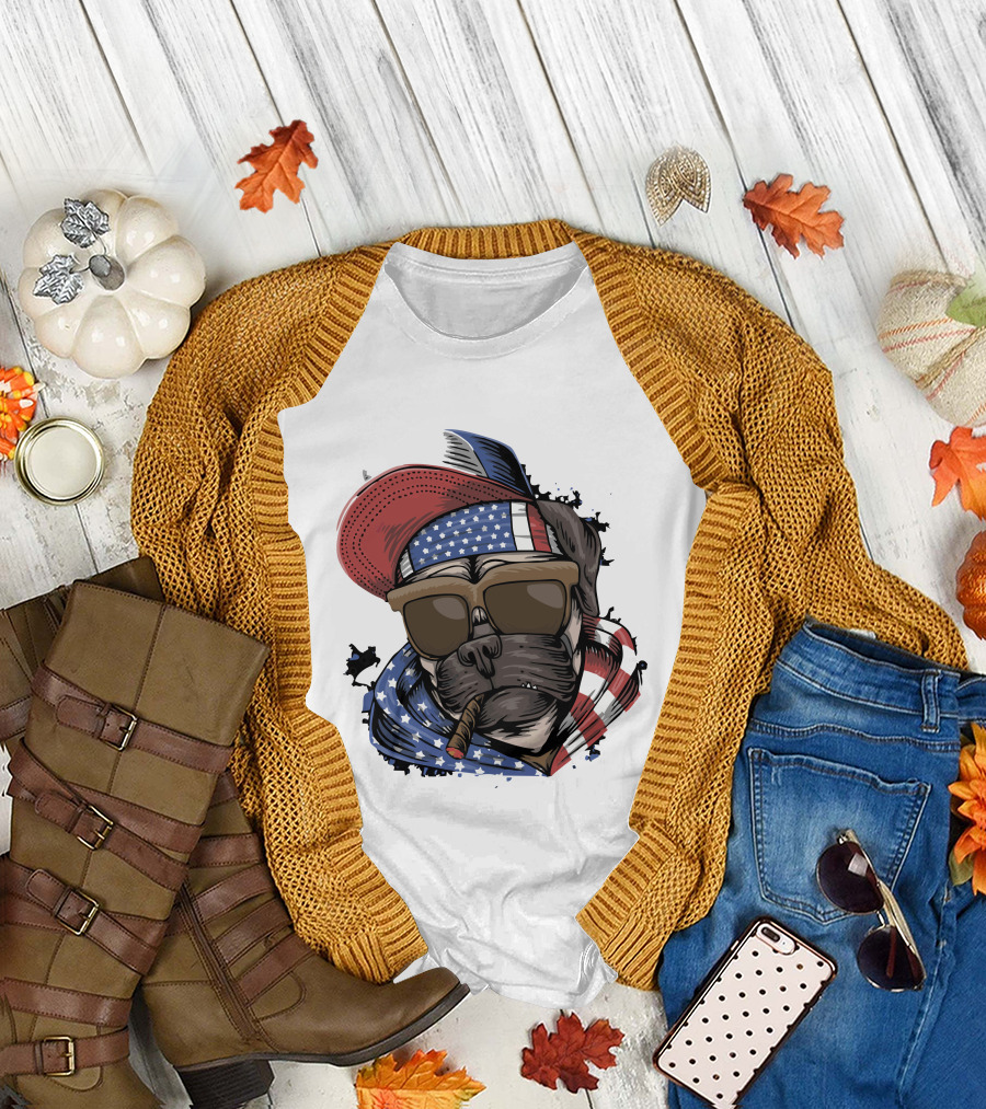 Pit Bull Boss American Flag Sunglasses Bandana Cigar Cool Dog T-Shirt