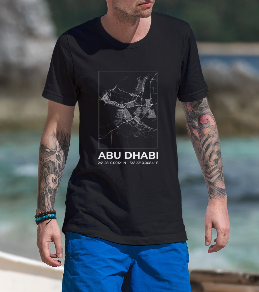 Abu Dhabi Minimalist Map Black 24° 28' 0.0012'' N 54° 22' 0.0084'' E T-Shirt