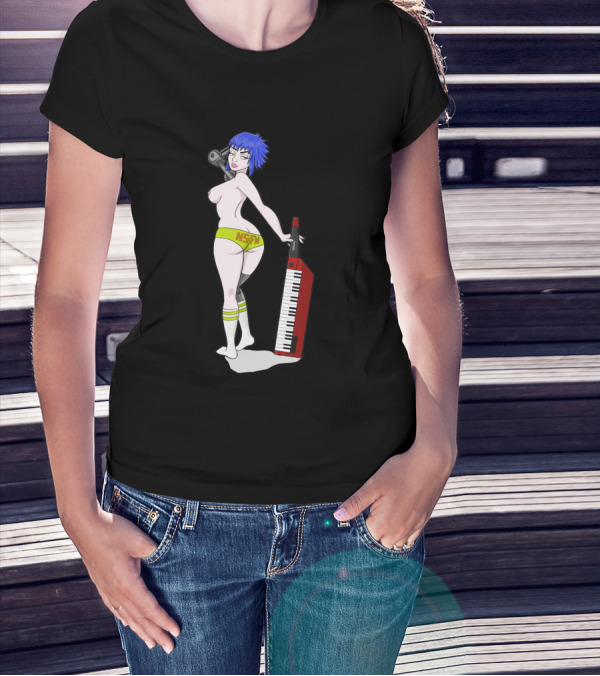 Anne Top Down 1384413 NSFW Keyboard Girl With Blue Hair And Yellow Shorts T-Shirt